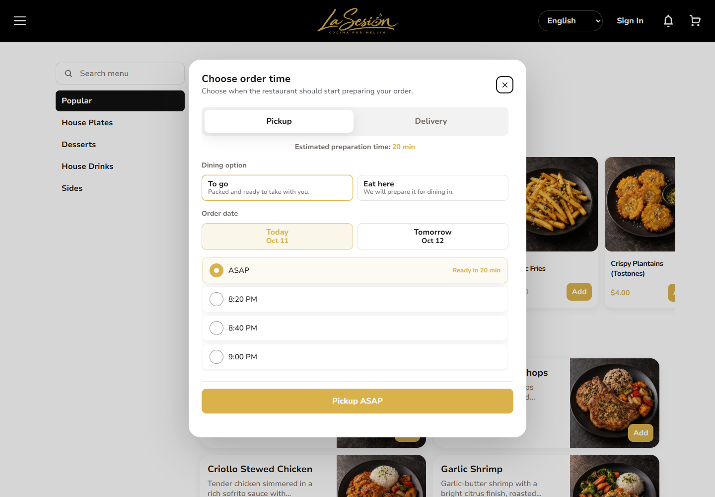 Actual restaurant platform menu demo
