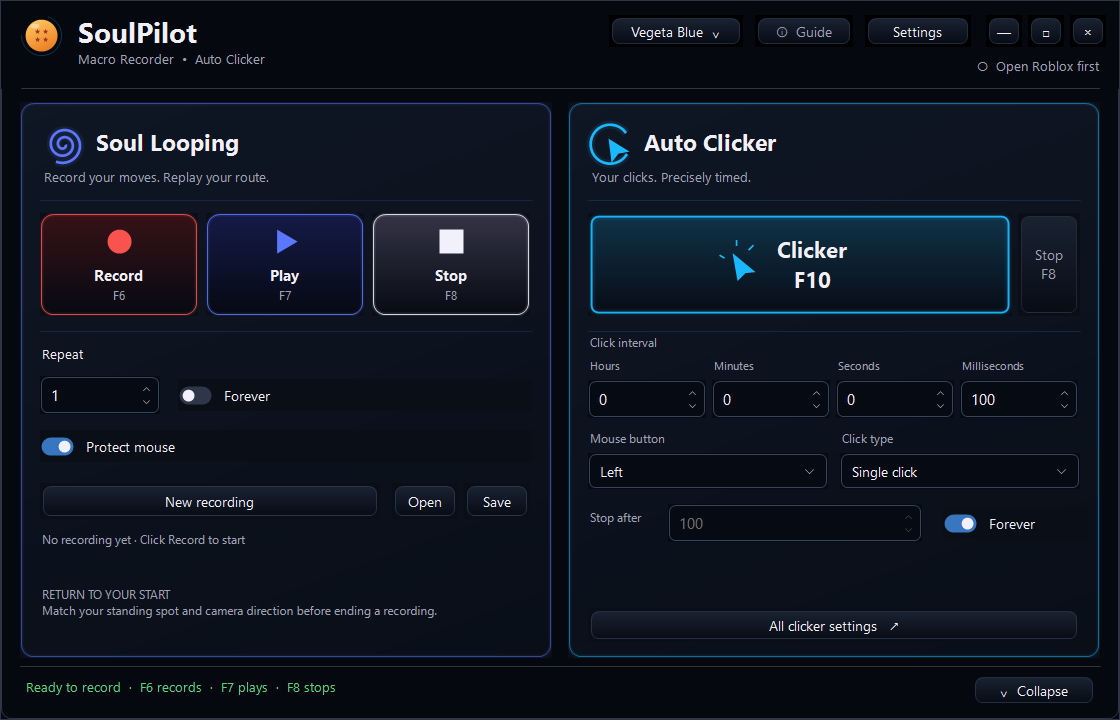 Archived SoulPilot app capture with recording, playback and autoclicker controls